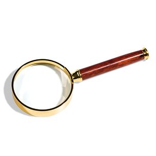 Handle magnifier with glass lens, gold-plated metal rim, 3xmagnification, Ø 50 mm