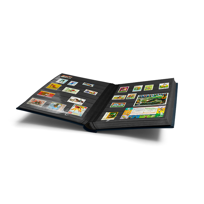 Stockbook PREMIUM A4, 64 black pages, padded leather* cover, blue