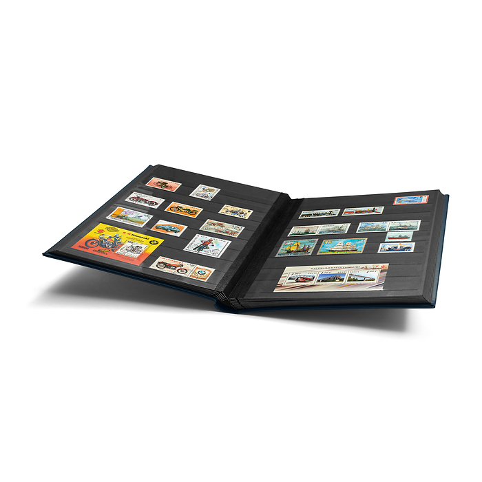 Stockbook PREMIUM, A4, 32 black pages, padded leather* cover, blue