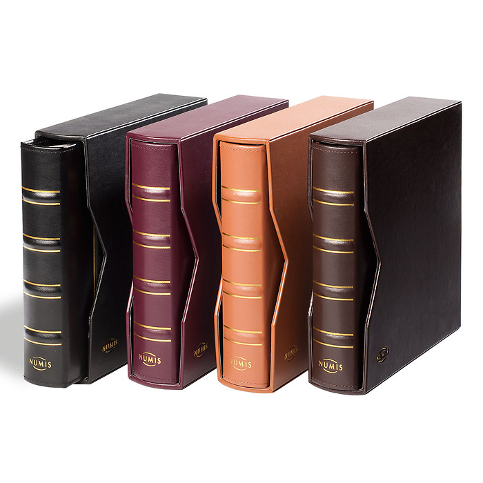 Leather Binder NUMIS, in classic design, leatherette slipcase, darkbrown