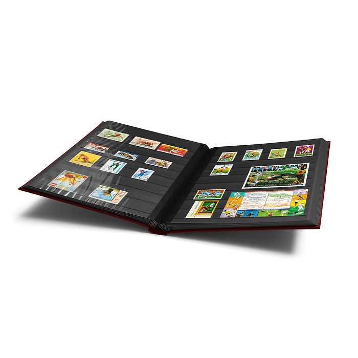 Stockbook PREMIUM, A4, 32 black pages, padded leather* cover, red