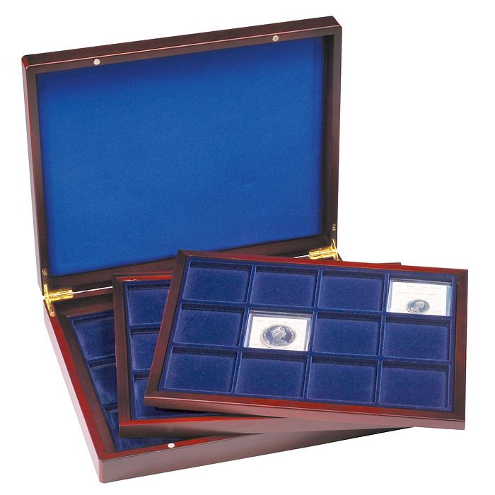 Presentation Case VOLTERRA TRIO de Luxe, each with 12squared divisions f.coins up to 66mm