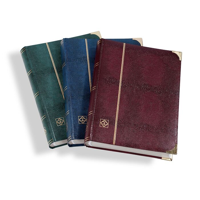 COMFORT DL Stockb. DIN A4, 64 white pages, padded cover crocodile-look,metal corners,blue