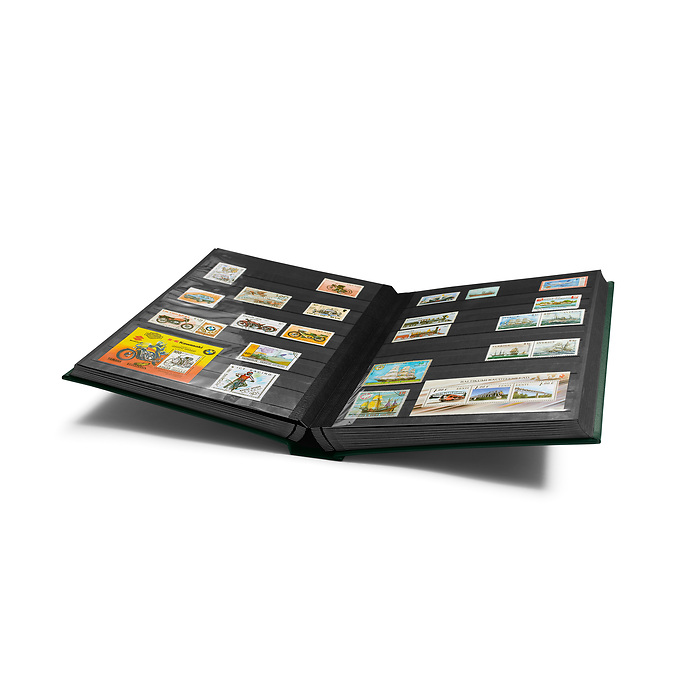 Stockbook PREMIUM, A4, 64 black pages, padded leather* cover, green