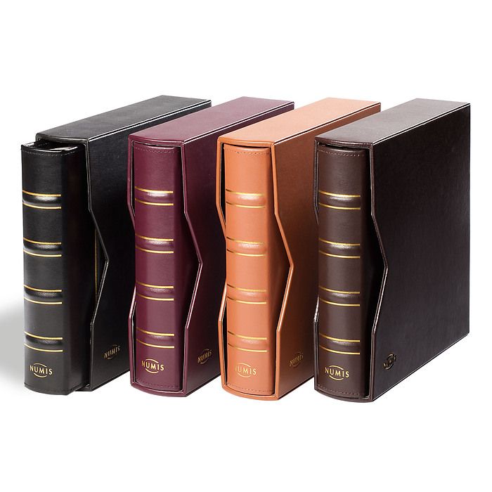 Leather Binder NUMIS, in classic design, leatherette slipcase, red