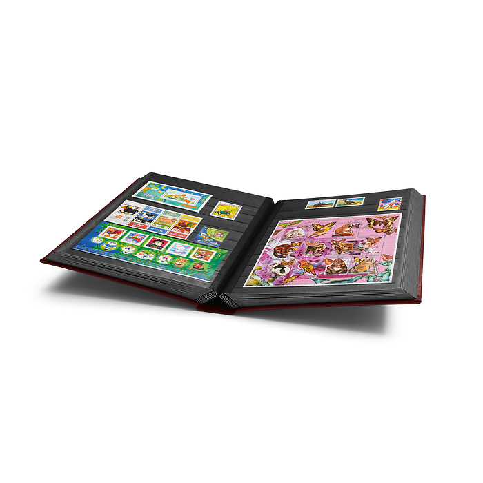 Stockbook PREMIUM, A4, 64 black pages, padded leather* cover, red