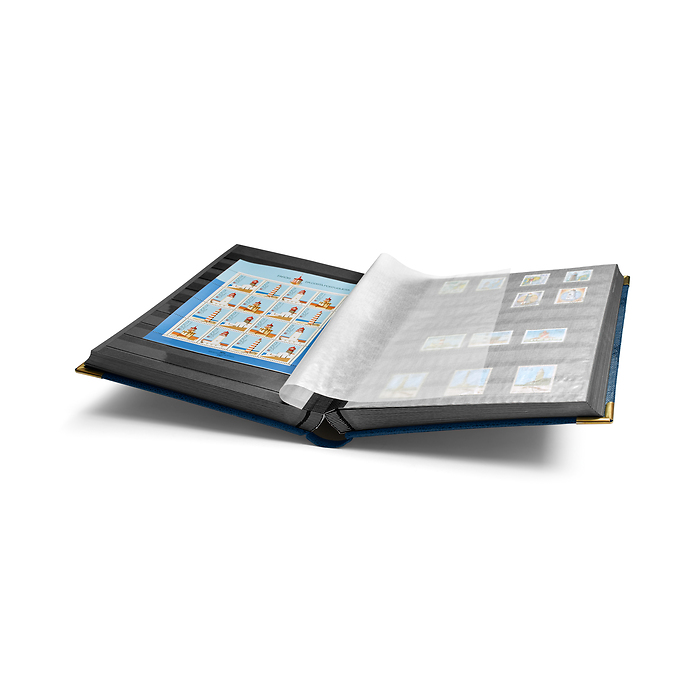 COMFORT DL Stockbook DIN A4, 64 black pages, padded cover crocodile-look,metal corners,blu