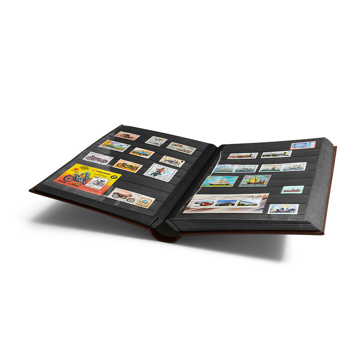 Stockbook LEDER, DIN A4, 64 black pages, padded genuine leather cover, brown